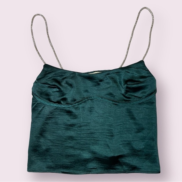 Thirty Thirty Green Satin Rhinestone Strap Crop Top - Picture 1 of 12